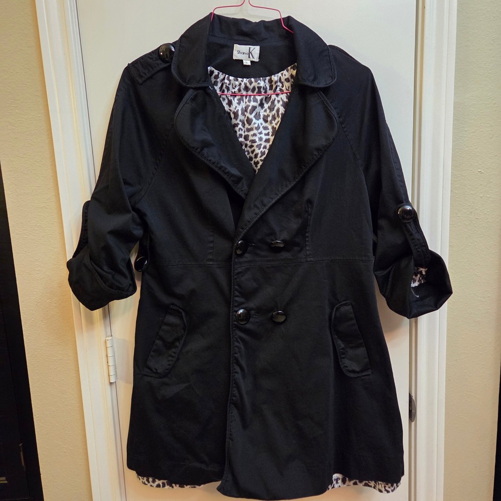 Shana K Black Double Breasted Roll Tab Sleeve Trench Coat Women's L